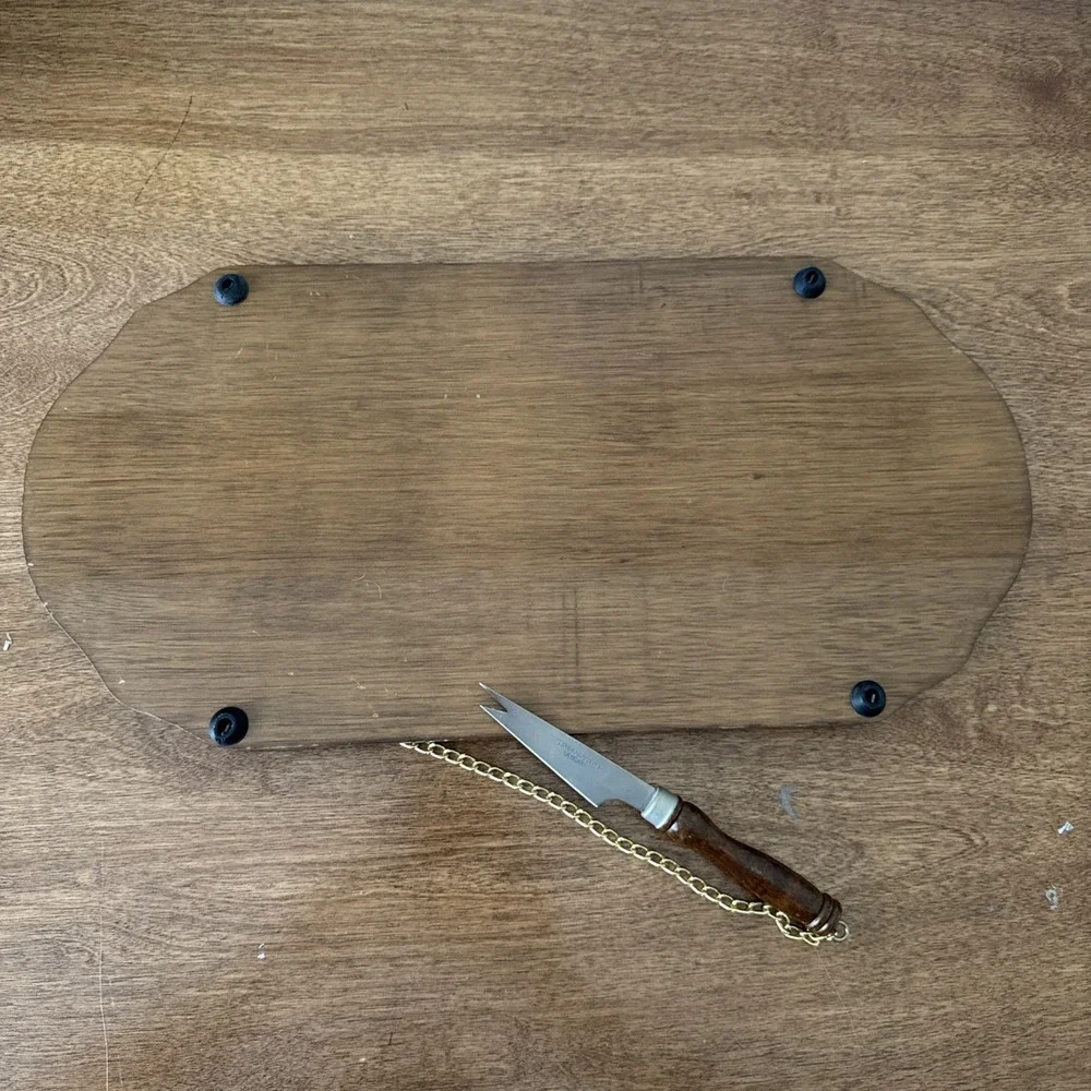 Vintage A Price Imports Teak Wood Cheese Board & Knife Tile Fruit Mid Century